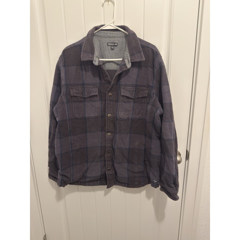 Toad&Co Mens Flannel Shirt Jacket Navy Charcoal Plaid Snap Front Large L